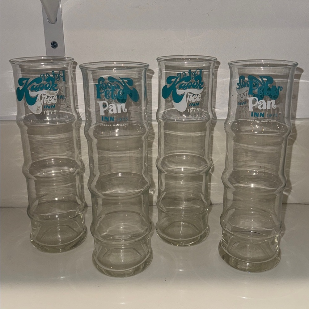 VINTAGE 1970s Peter Pan Inn & Kapok Tree Inn Souvenir Glasses MCM Tiki Set of 4 - Picture 2 of 4